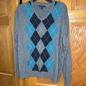 BANANA REPUBLIC V-NECK SWEATER 100% COTTON GRAY BLUE ARGYLE Size LARGE